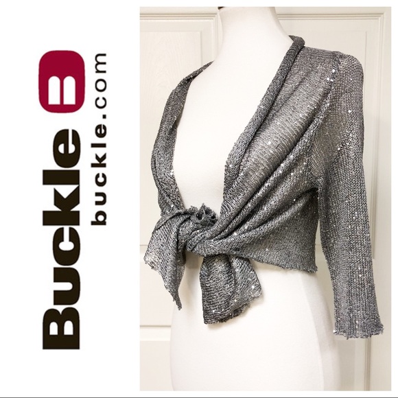BKE Tops - BUCKLE SILVER GLITTER SHRUG SWEATER